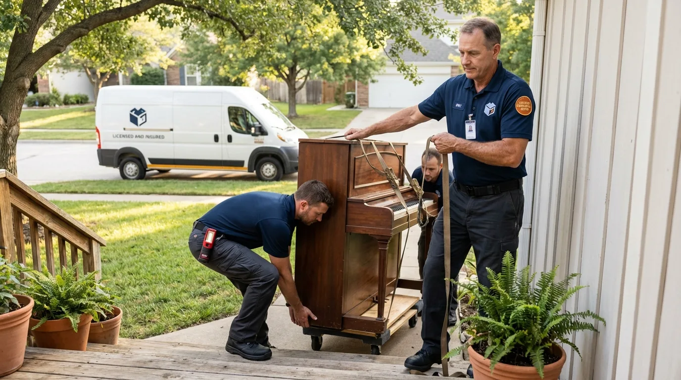 Licensed piano movers securing grand piano in Allen, TX