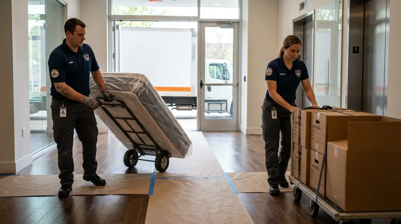 Professional apartment movers loading elevator in Allen, TX